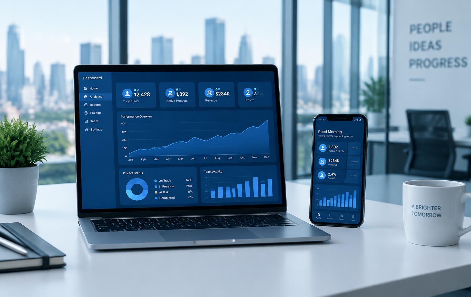 Workspace with a laptop and phone showing digital dashboards